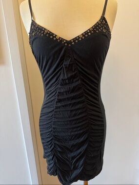 Free Prople Black Ruched Spaghetti Strap Mini Dress with Studded Trim Y2K
